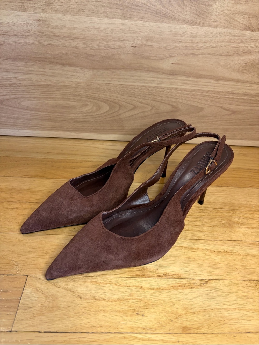 SCHUTZ Alicia Dark Brown Suede Pointed Slingback Pumps - Size 8.5
